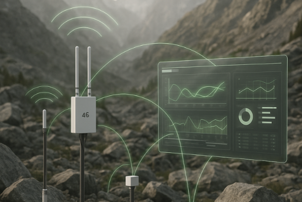 Sistema de telemetría geotécnica con nodos inalámbricos y antena 4G en campo