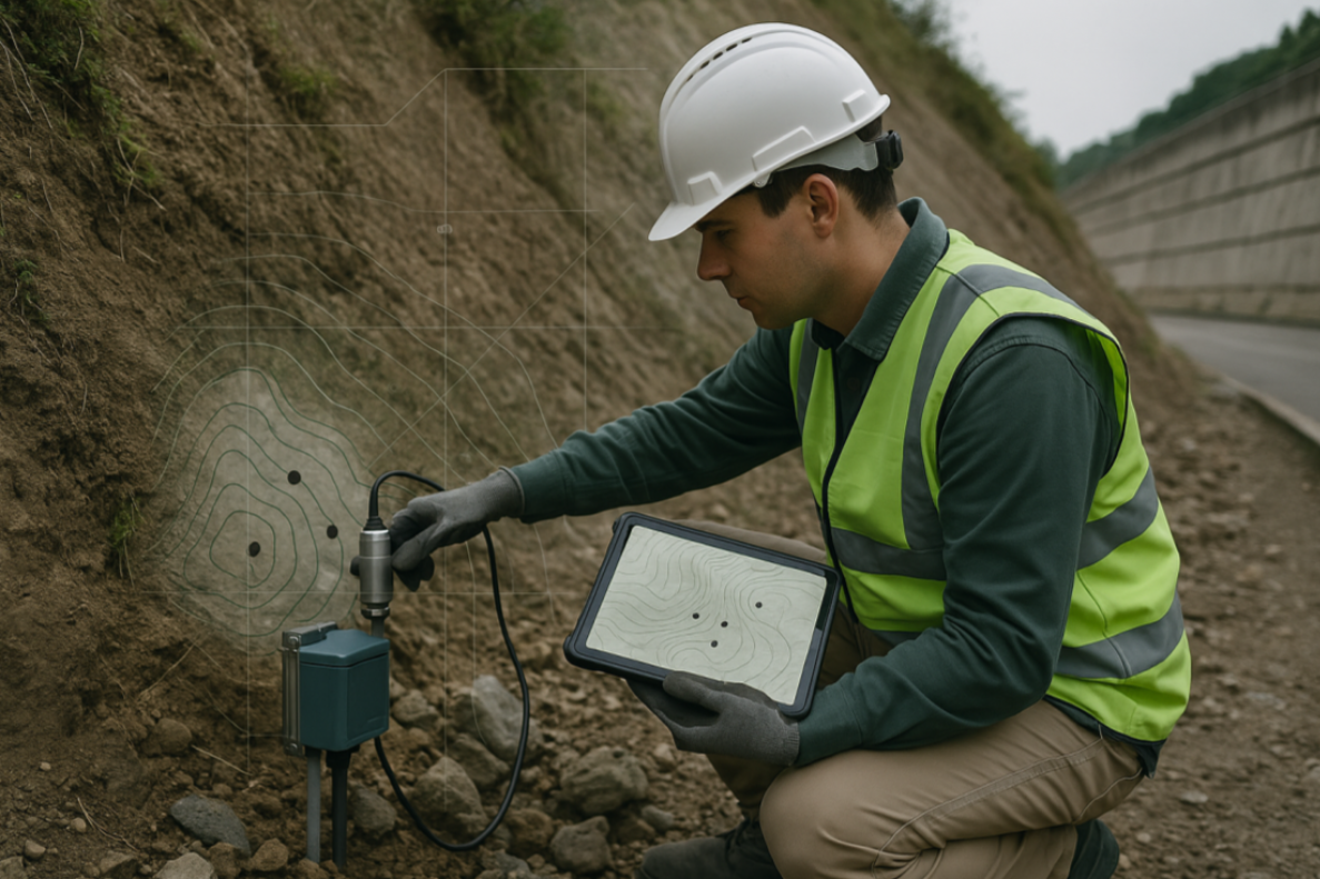 Técnico realizando georreferenciación de sensores en campo con tablet GIS.