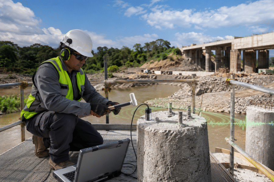 Técnico realizando un ensayo de integridad de pilotes en una obra de infraestructura.